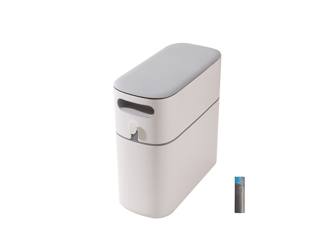 Papelera automática estrecha Baok para baño doméstico con tapa de cierre gris.