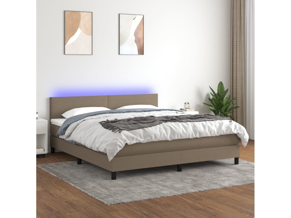 Cama Box Spring Con Colchón Led Tela Gris Taupe 160x200 Cm