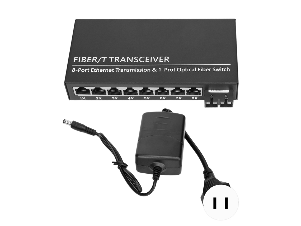 Convertidor De Medios De Fibra Óptica 1 Puerto Óptico 8 Puertos Eléctricos Tx1310nm Sm 25km Rj45 Enchufe Estadounidense 100-240v