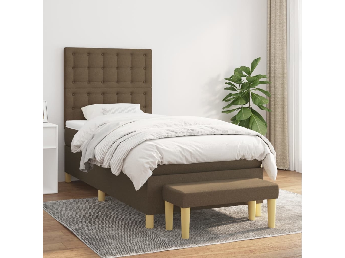 Cama Box Spring Con Colchón Tela Marrón Oscuro 90x200 Cm