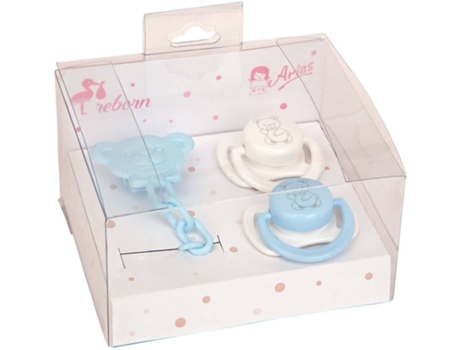 Set de Accesorios de Muñecas ARIAS Set 2 Chupetes y Una Cadena en Azul y Blanco (3 Años - 9 x 9 x 5,5 cm)