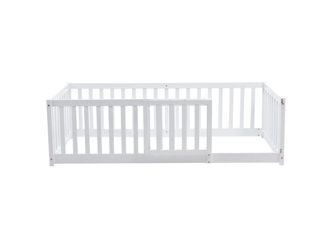 Cama infantil Mobrio de madera maciza con barrera de seguridad en color blanco (90 x 200 x 60)