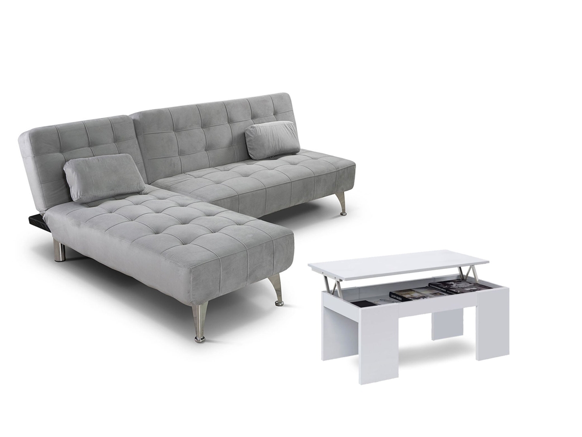 Sofa Cama Chaise Longue XS Gris Mesa de Centro Blanco