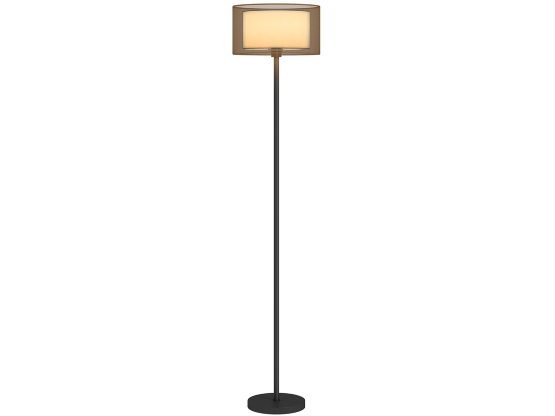 Lámpara de pie con cúpula bicolor, interruptor y base de metal negro.