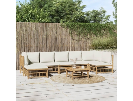 Conjunto 8 de muebles de jardín VIDAXL bambú y cojines blanco crema
