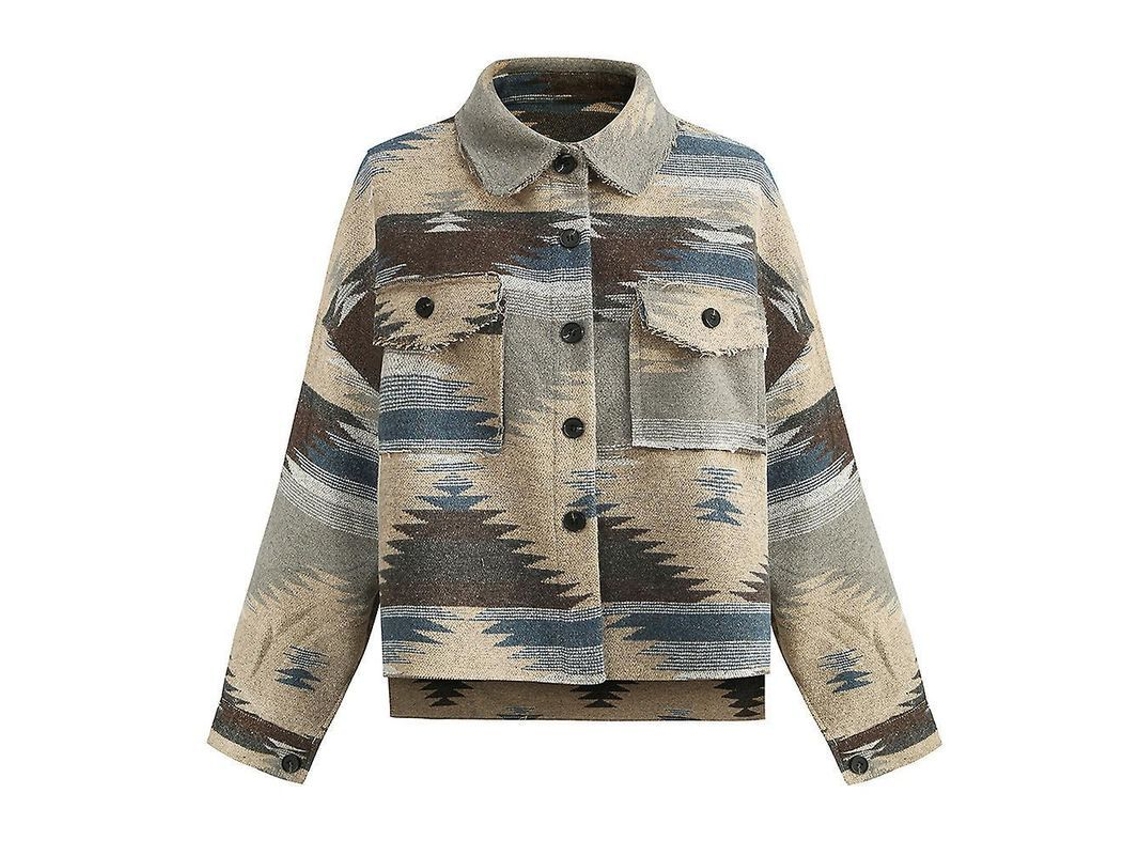 2026-6286-camisa Chaqueta Vintage Mujer Manga Larga Cuello Lapel Botones Suelta Estampado S Azul