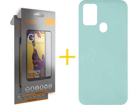 Funda y Protector de Vidrio Full 2 x Samsung Galaxy A21s ACCETEL Silicona Líquida Verde Agua