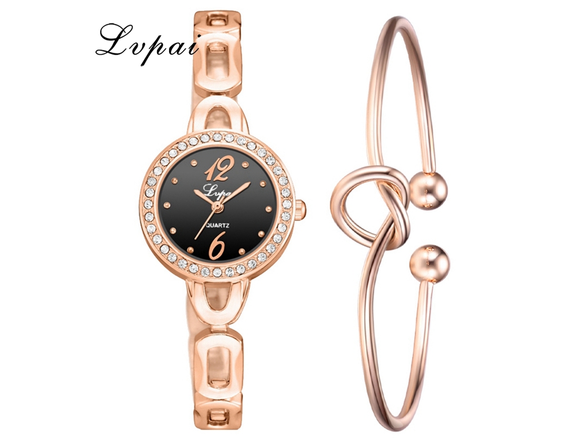 Conjunto De Reloj De Cuarzo Y Pulsera Para Mujer Con Diamantes De Imitación, Pulsera En Oro Rosa Y Negro P972