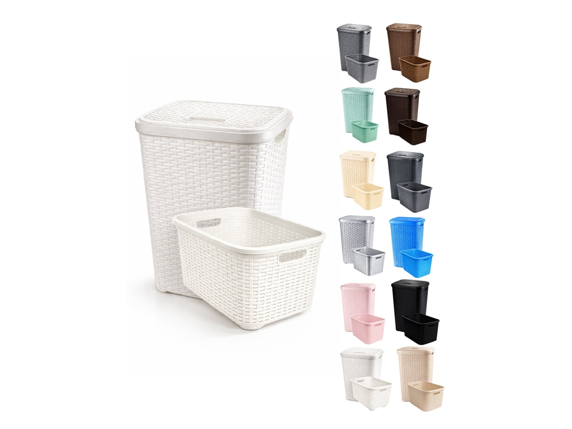 Cesto Ropa Sucia Pongotodo Con Tapa Y Asas | Cesta Colada Plástico Ratán | Cubo Ropa Sucia Ventilado | Baño Dormitorio | 38l/60l Blanco Set