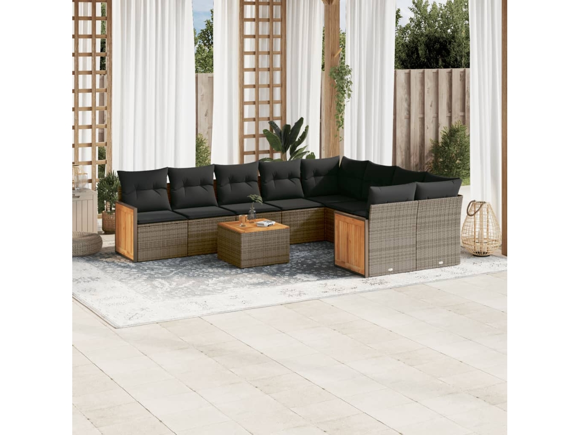 Conjunto de sofá de jardín de 10 piezas con cojines, ratán gris, DKD Home Decor