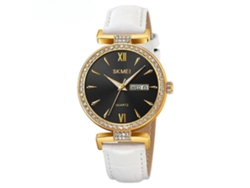 Reloj de pulsera analógico de cuero para mujer, resistente al agua, con diamantes, fecha, concha de oro negro, cinturón blanco