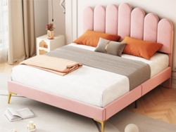 Cama Tapizada De Terciopelo 140x200cm Con Somier De Láminas - Cabecero Ajustable - Rosa