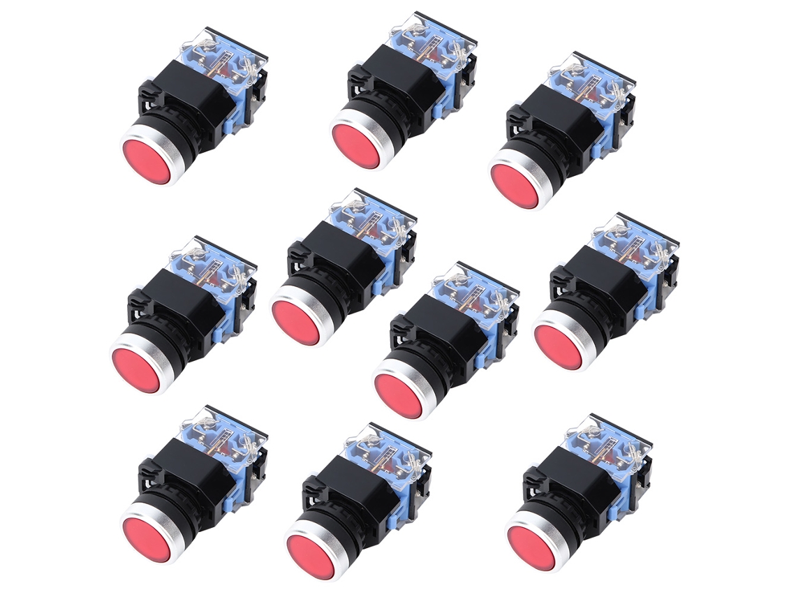 10 Interruptores Pulsadores De Cabeza Plana Autoblocantes Bem38-11s Rojos, 1 Encendido, 1 Apagado.