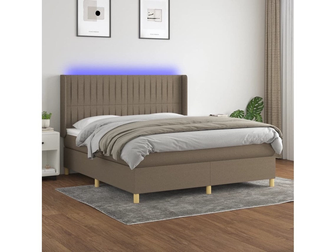 Cama Box Spring Colchón Y Luces Led Tela Gris Taupe 160x200 Cm