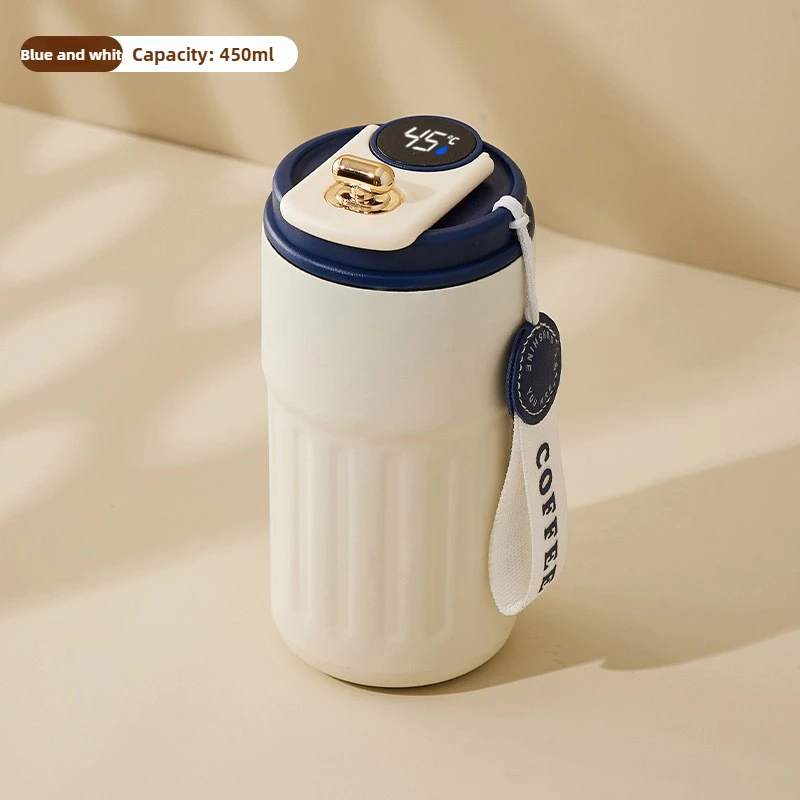 Botella térmica de acero inoxidable 316 (azul y blanco, 450 ml) con aislamiento al vacío y pantalla inteligente de temperatura.