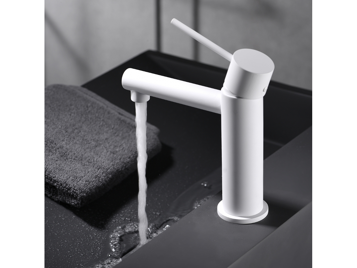 Miscelador Monocomando Para Lavabo Bianco Opaco En Ottone Y Zama Con Cartuccia En Ceramica à25mm Y Tubi Flessibili Imex