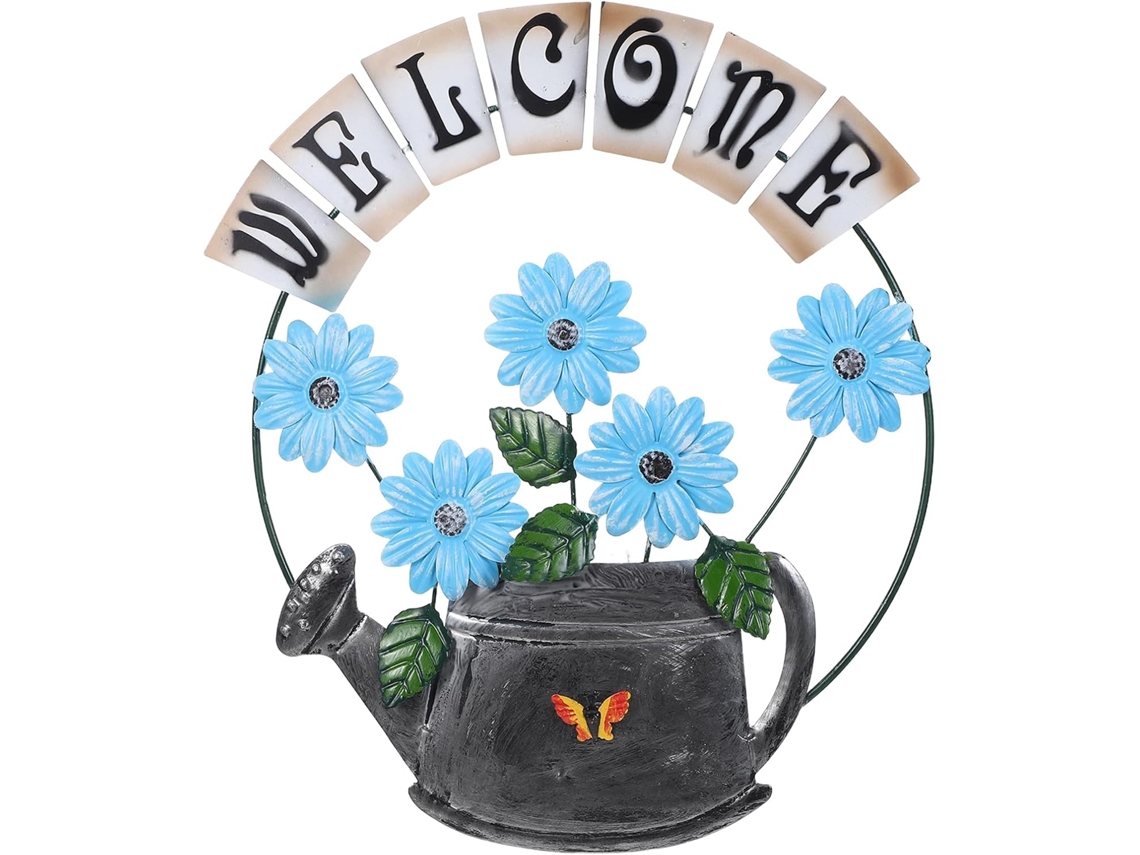 Letrero De Pared De Metal Con Girasol Azul Y Corona Colgante, Decoración De Bienvenida Para Exteriores.