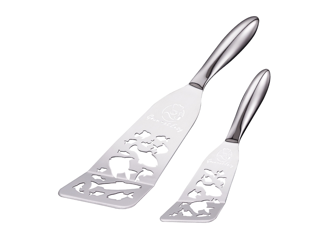 ¡Calidad y diseño! Juego de 2 espátulas de acero inoxidable para pescado (34,5 y 27,5 cm). Bordes ultrafinos, superresistentes y aptas para lavadora.