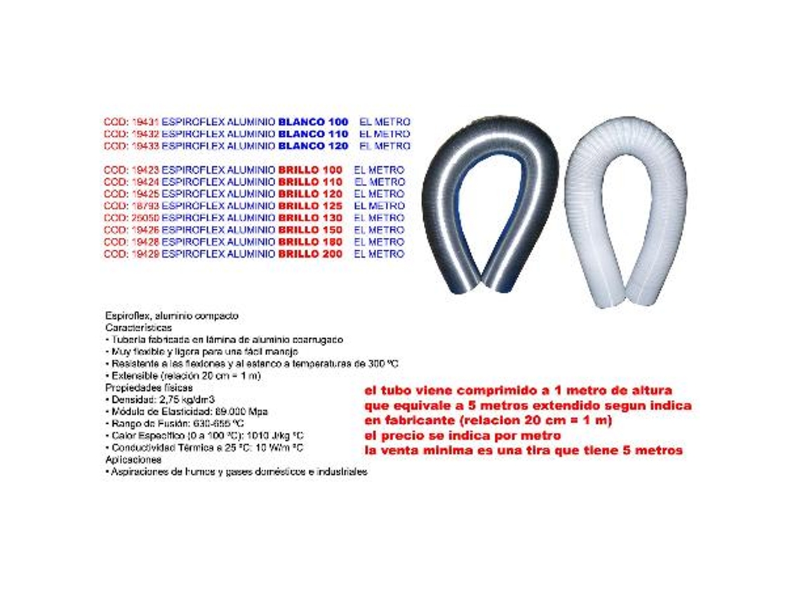 Espiroflex aluminio brillo 180    el metro (caja 5 unidades)