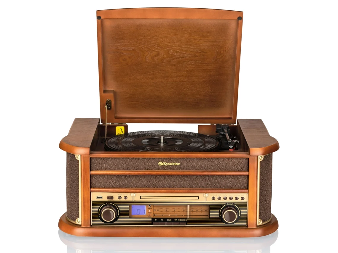 Tocadiscos Vintage 33/45/78 Rpm Fm Radio Cd-Mp3 Player Cassette Bluetooth Usb ROADSTAR Hif-1993Bt Madeira