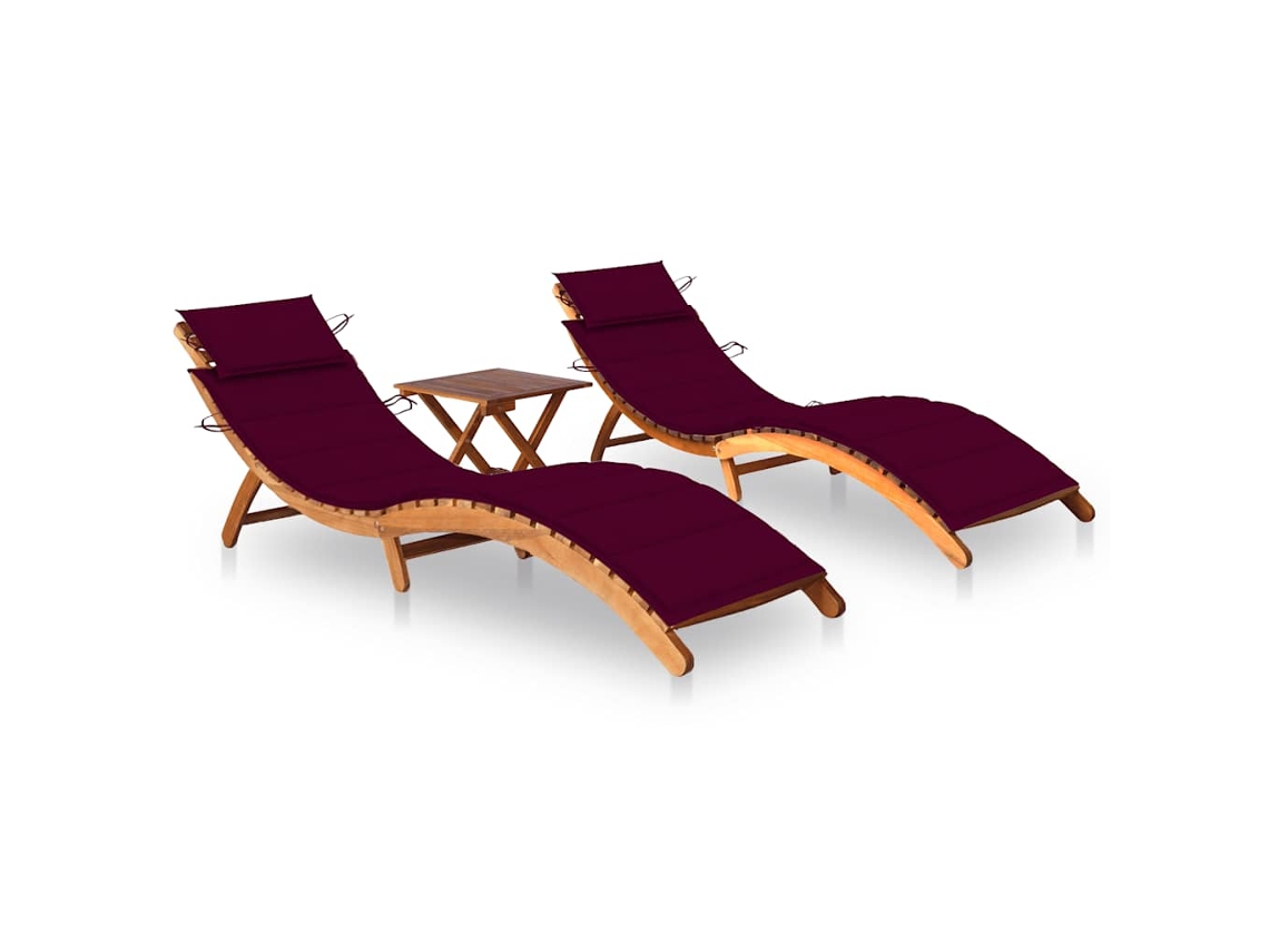 Tumbonas 2 Unidades Con Mesa Y Cojines Madera Maciza De Acacia