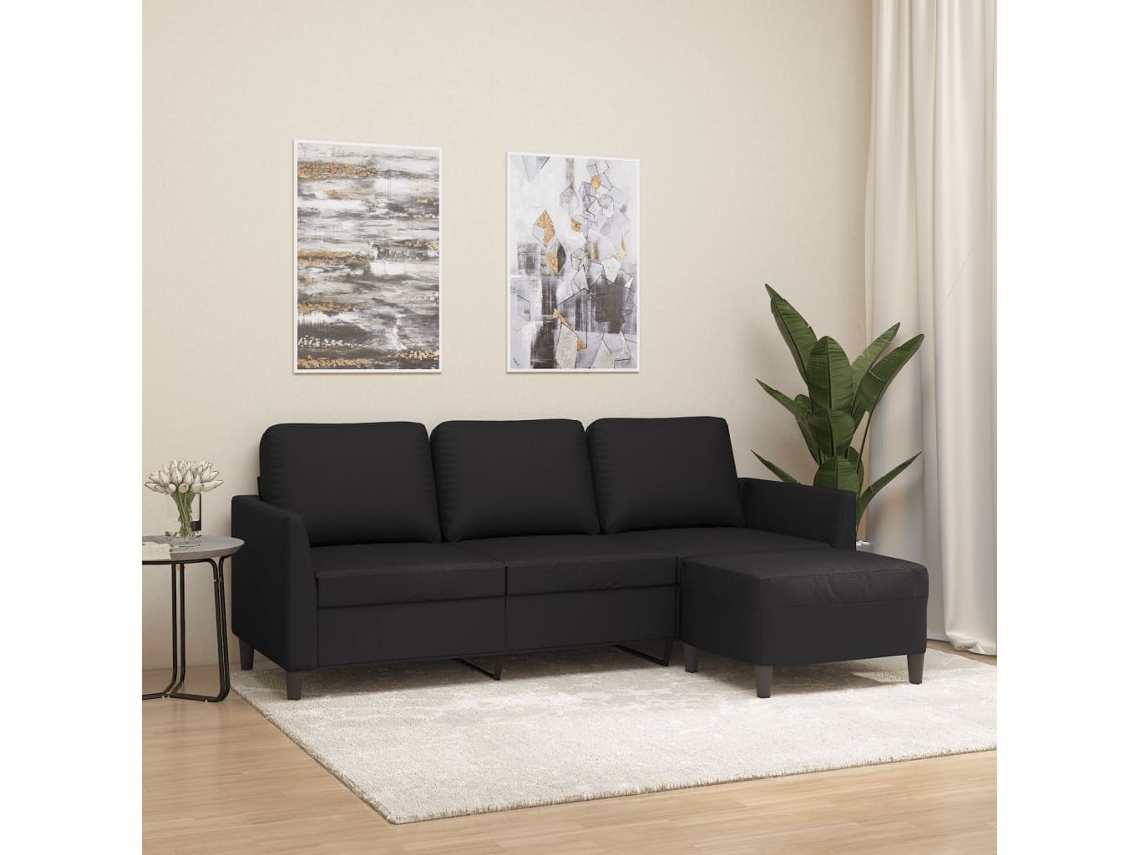 Sofá De 3 Plazas | Sofá De Salón | Sofá De Descanso Con Taburete Cuero Sintético Negro 180 Cm Wsd107233