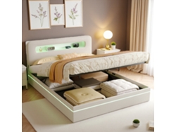 Cama Con Almacenamiento Hidráulico 140x200 Cama Doble De Terciopelo Beige Con Luces Led Rgb Y Cabecero De Diseño Moderno Para Adultos