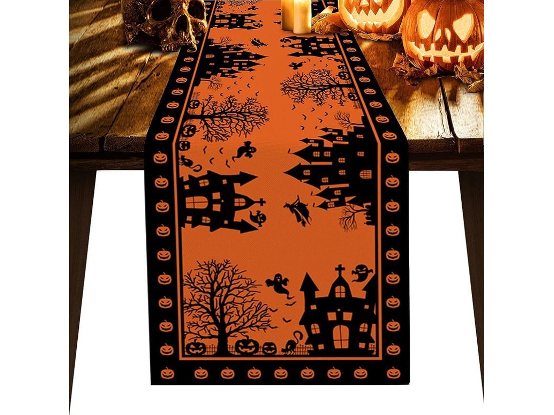 2026-30686-mantel Para Mesa De Halloween Con Casa Embrujada Y Calabazas Naranja Y Negro Para Fiestas De Cena