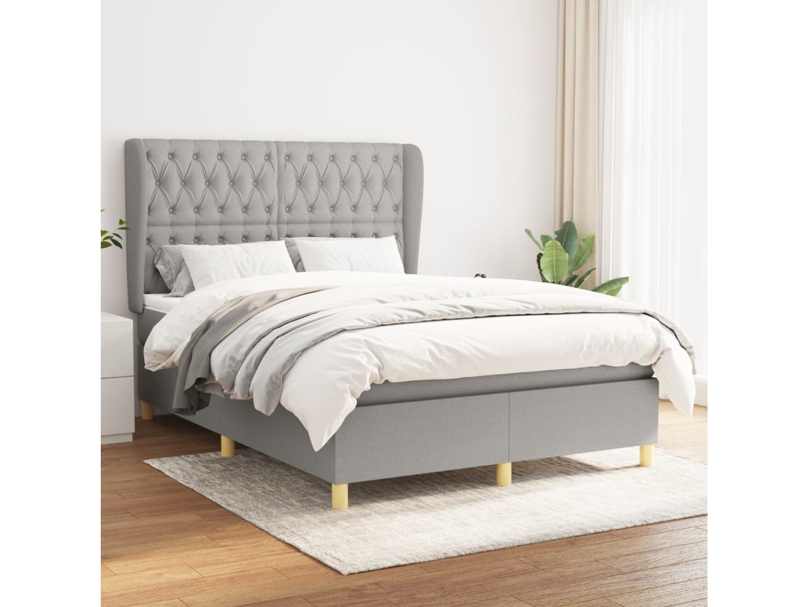 Cama Box Spring Con Colchón Tela Gris Claro 140x200 Cm
