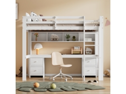 Cama alta infantil de 90 x 200 cm, con cama superior y mesa inferior, amplio espacio de almacenamiento, de alta calidad y resistente. Incluye escalera.