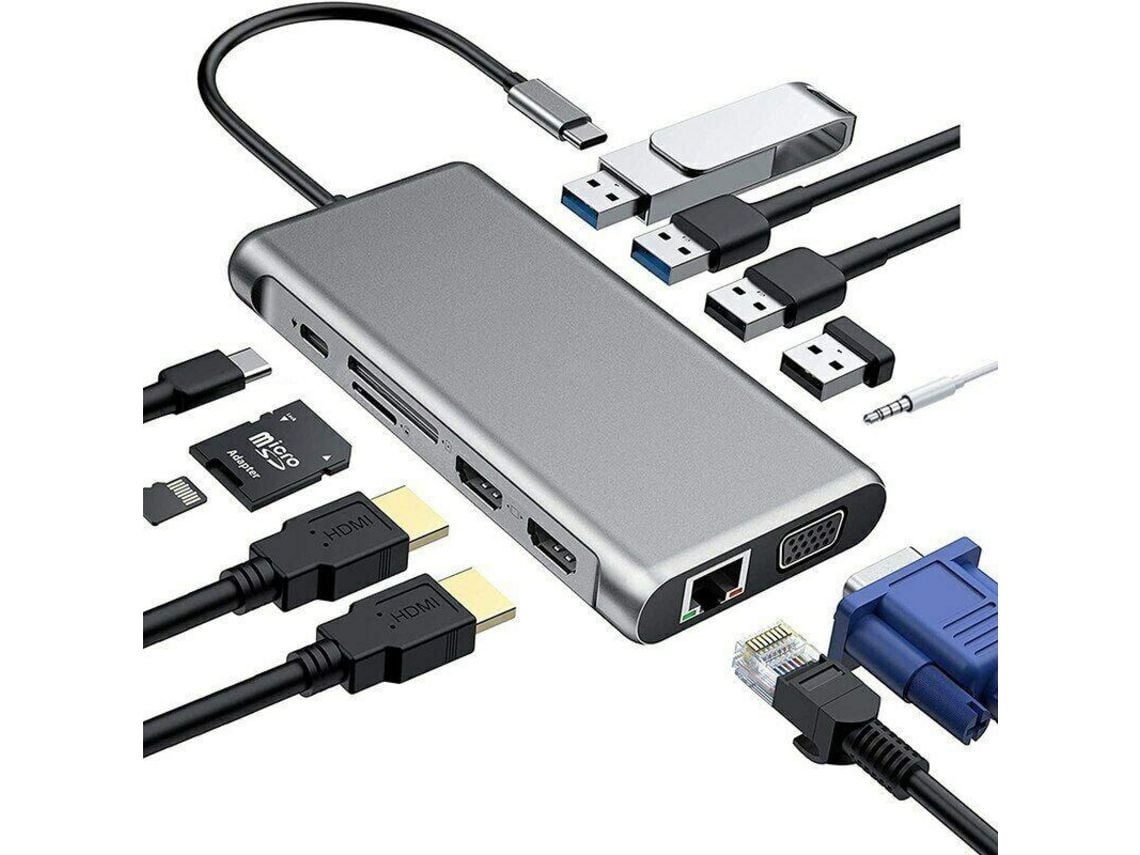 Adaptador 12 en 1 Tipo C a USB-C USB 3.0 HDMI VGA PD - Adaptador gris para base de MacBook - Stellasplen