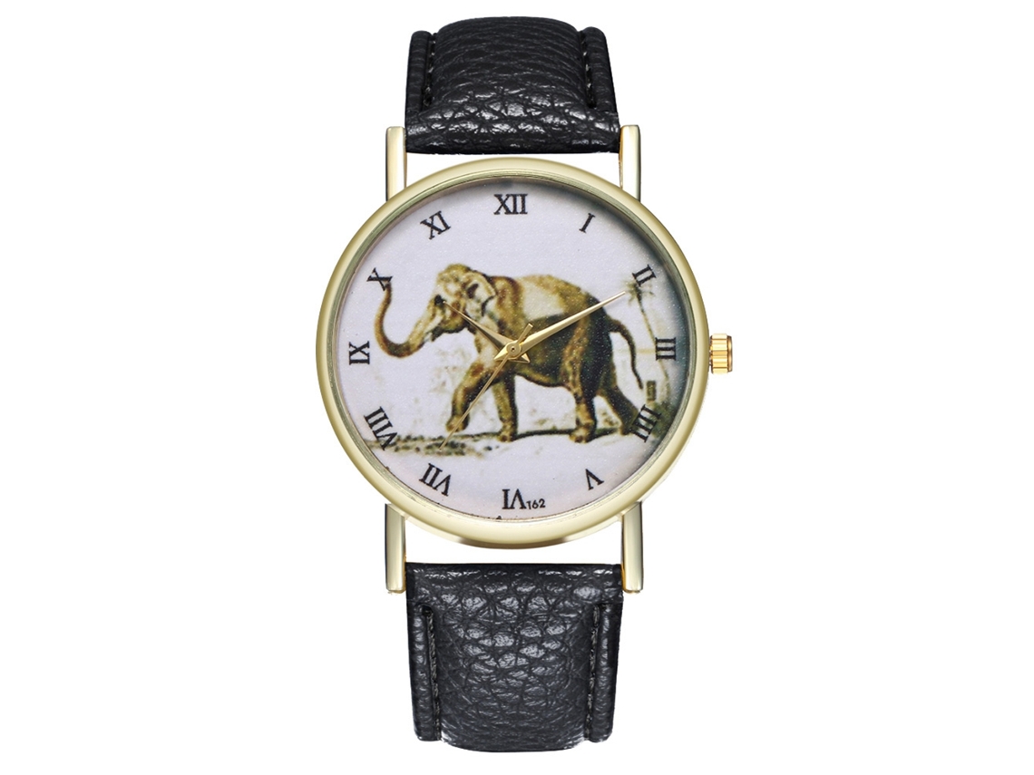 Reloj De Cuarzo Con Correa De Cuero Pu Moda Patrón De Elefante Dial Numeros Romanos Negro