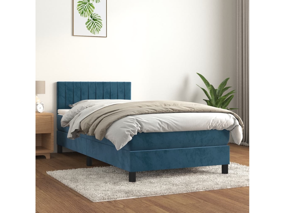 Cama Box Spring Con Colchón Terciopelo Azul Oscuro 90x200 Cm