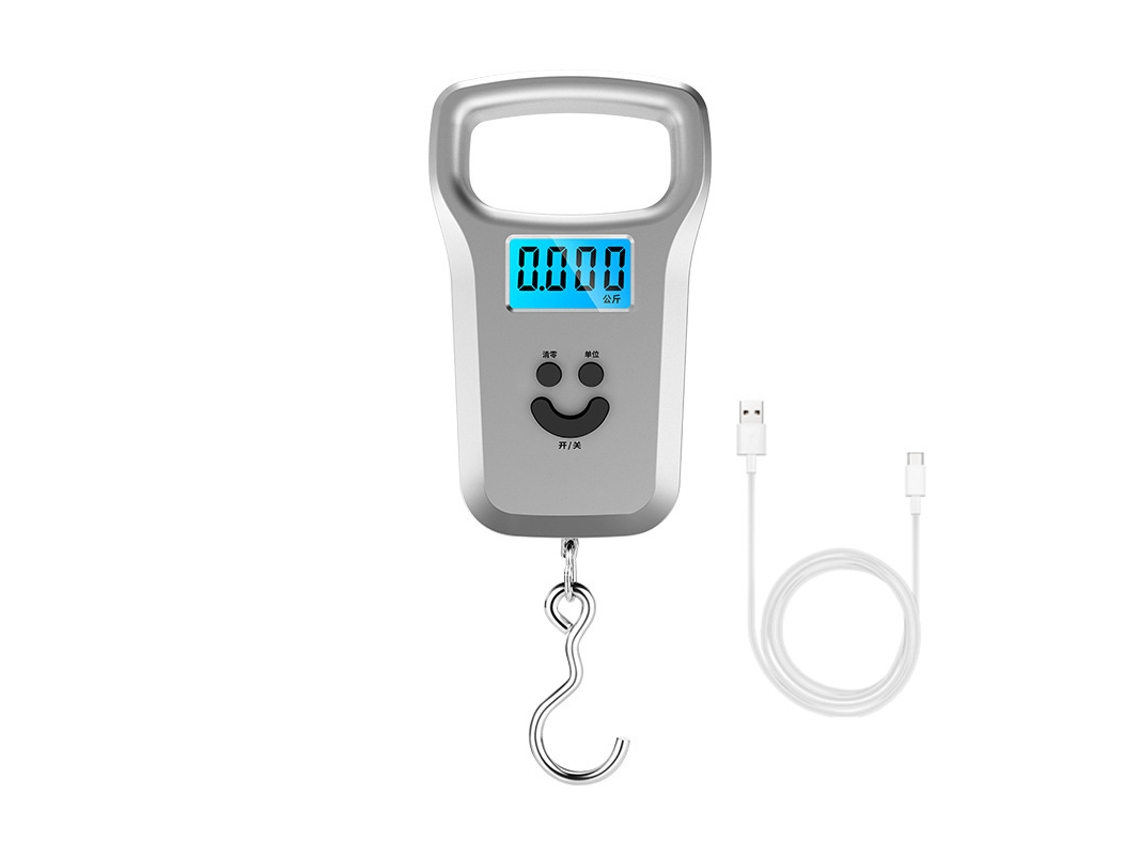 Báscula electrónica portátil para equipaje, batería de 50 kg, recargable, doble propósito, color plateado