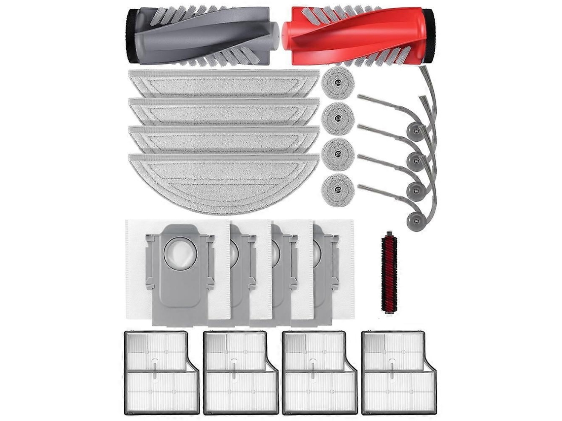 Kit de accesorios para la aspiradora robot Saros 10: cepillo lateral principal, bolsas para el polvo, paños de limpieza, filtros.