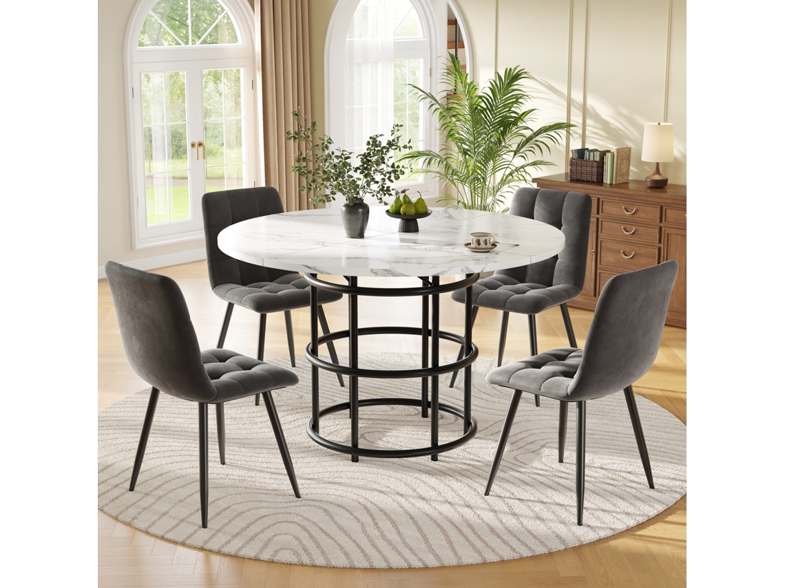 Mesa redonda de 100 cm con 4 sillas, terciopelo gris, estilo moderno.