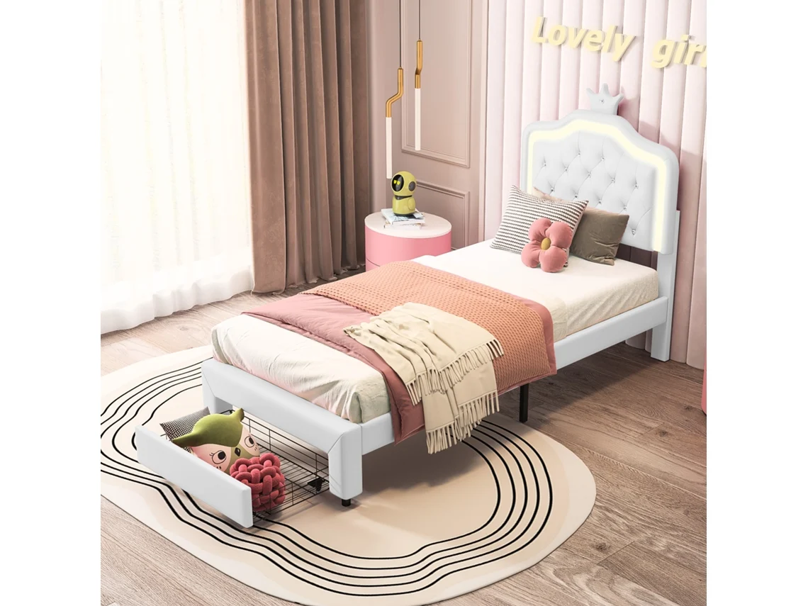 Cama Infantil Estofada, 90x200 Cm, Com Cabeceira Em Formato De Coroa De Princesa E Iluminação Led, Cama De Solteiro Com Gaveta, Em Pu Branco