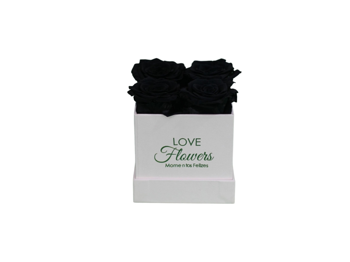 4 rosas preservadas negras naturales LOVE Flowers en caja cuadrada blanca - Colección Square Rose