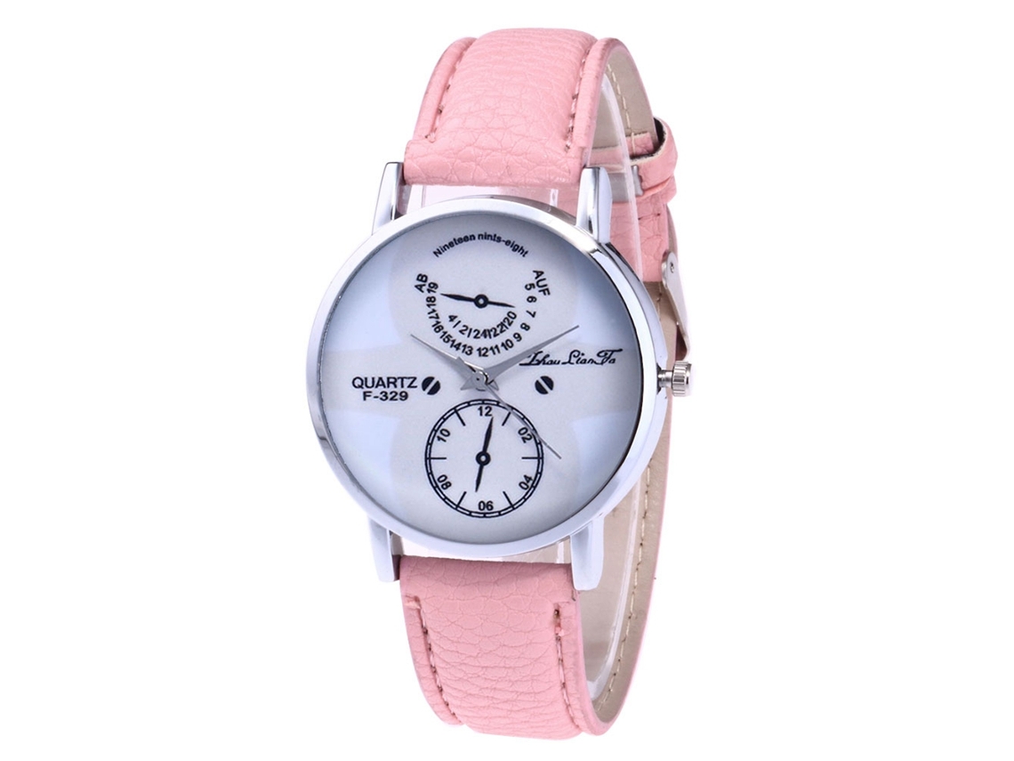Reloj De Pulsera Analógico Rosa Para Mujer Con Correa De Cuero Y Caja De Aleación.
