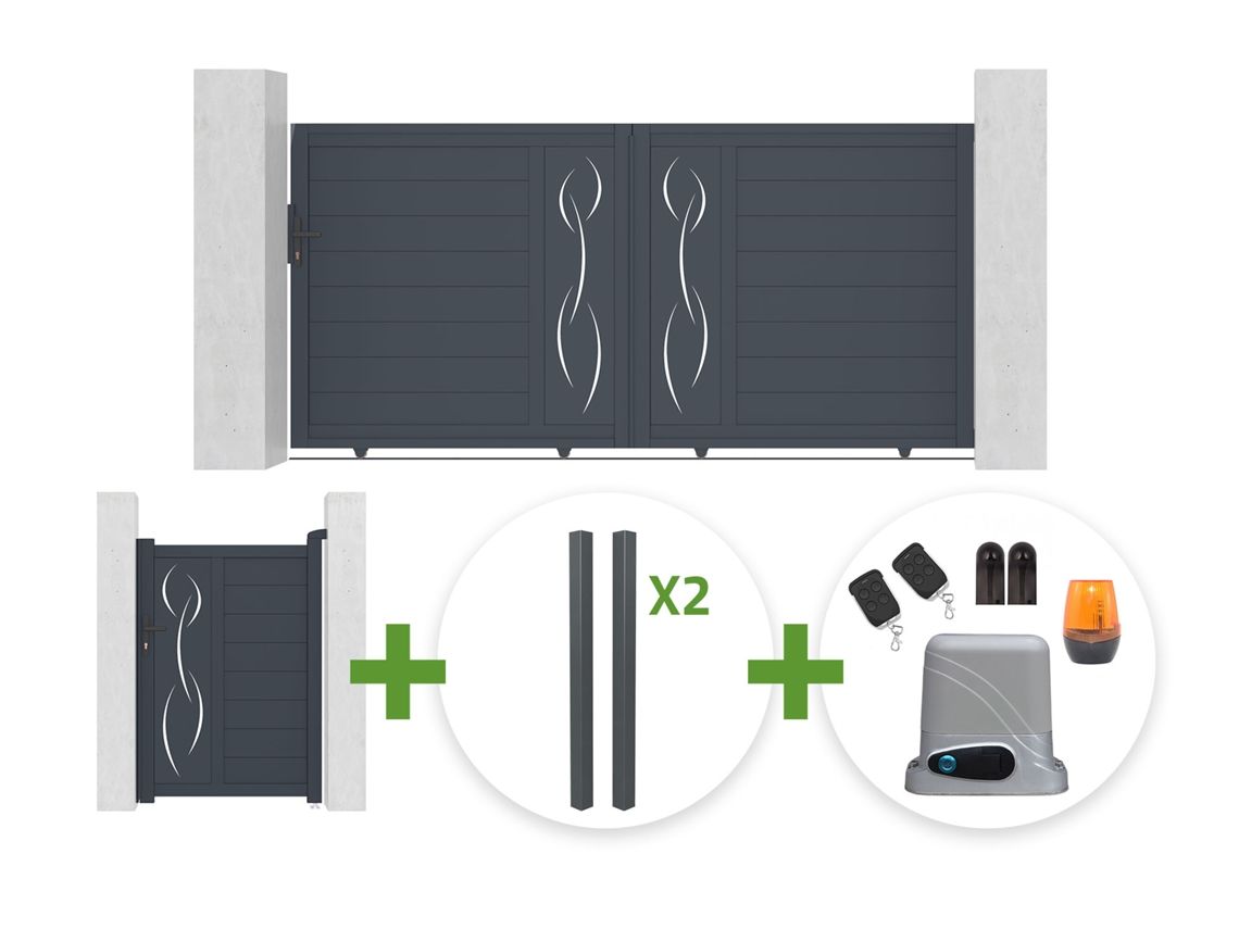 Puerta Corredera 3 M Life Alt. 140 Cm Gris + Puerta Peatonal 1 M Life Alt. 140 Cm Gris + 4 Postes Elda + Motorización Tanker C600