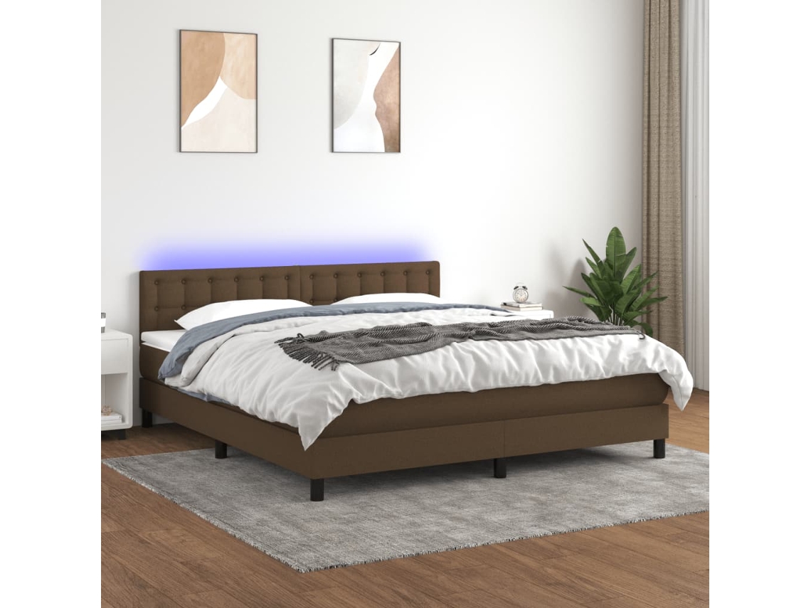 Cama Box Spring Colchón Luces Led Tela Marrón Oscuro 180x200cm