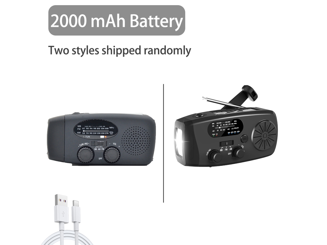 Radio de emergencia portátil con luz LED, batería recargable de 2000 mAh, carga solar y USB, FM/AM, ideal para viajes al aire libre. Viewleaf