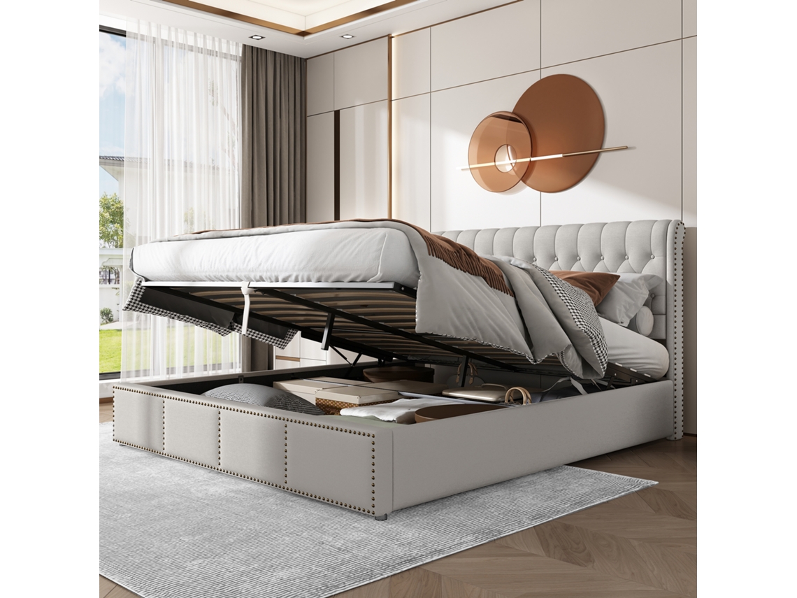 Cama Tapizada De Lino De 160x200 Cm Con Cajones Hidráulicos Y Tachuelas, Color Gris Claro.