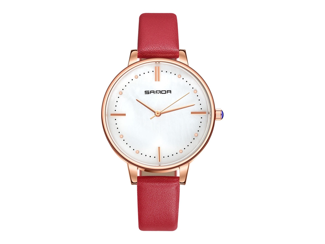 Reloj De Pulsera De Cuarzo Sanda Para Mujer Con Bisel Grande, Resistente Al Agua, De Piel Sintética Roja.