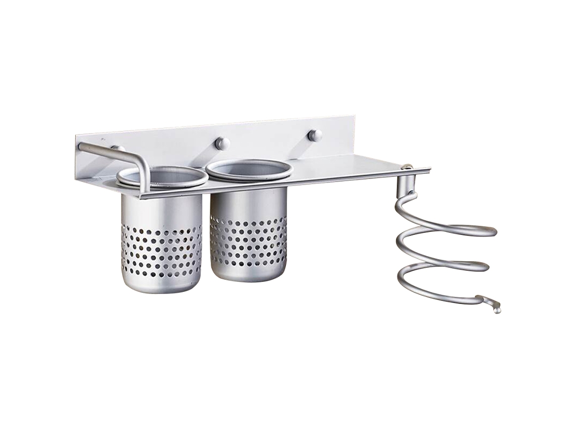 Soporte para secador de pelo de pared con organizador de aluminio plateado y dorado