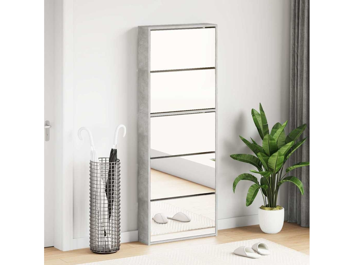 Mueble Zapatero | Armario Zapatero Y Espejo 5 Niveles Gris Hormigón 63x17x169,5 Cm