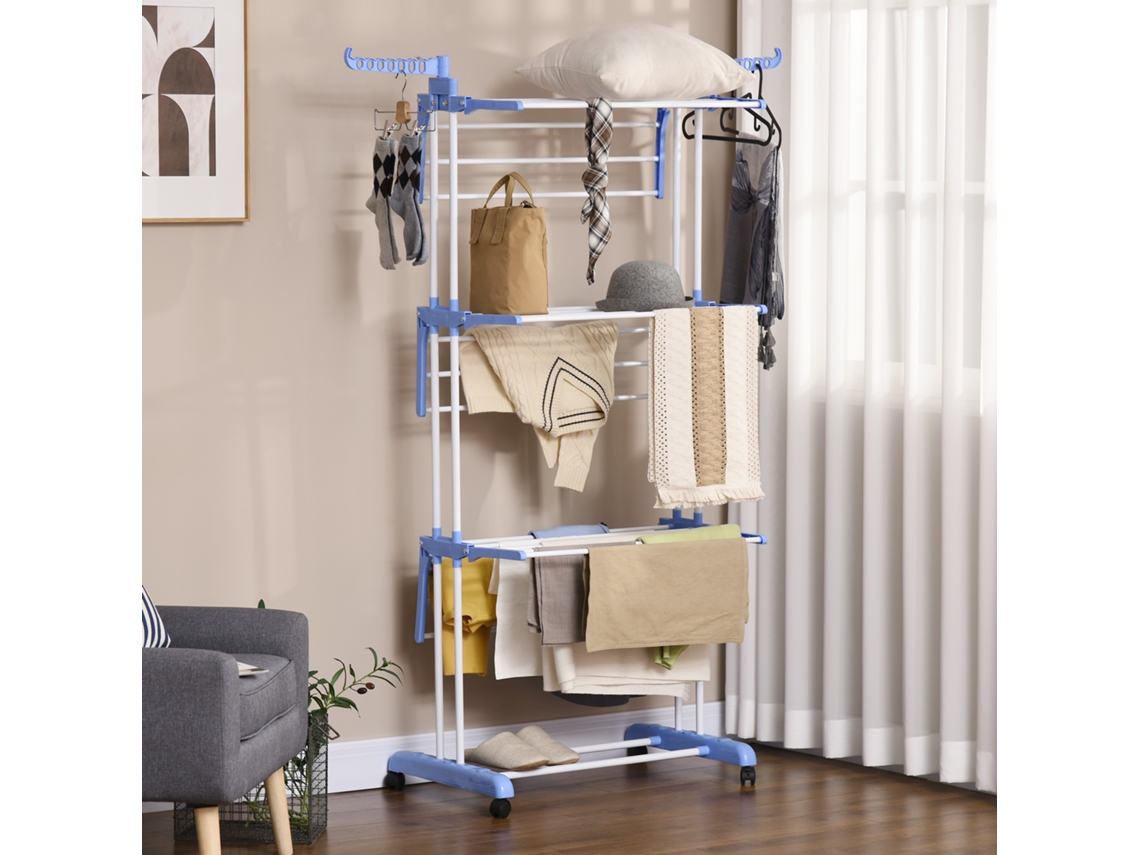 Perchero de pie en forma de torre, 73 x 64 x 177 cm, extensible con ruedas, 4 niveles, para uso interior y exterior, fabricado en acero, color azul.