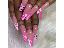 Uñas Postizas Rosas, Forma Trapezoidal Larga, Estampado De Leopardo, 12 Tamaños.