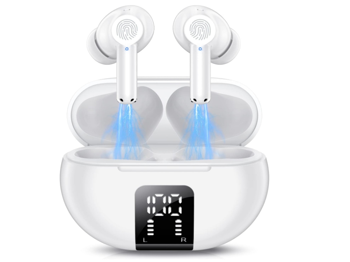 Auriculares intrauditivos Bluetooth 5.3 JIAPEI con 42 horas de autonomía, 4 micrófonos, clasificación IP7, sonido HiFi, color blanco.