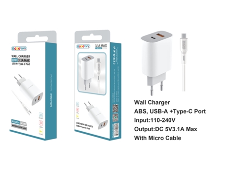 Cargador MODORWY Ma1114 2.0 + Tipo-C Usb 2.0 + Cargador Tipo-C (Blanco)